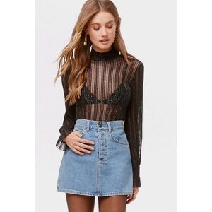 FOREVER 21 METALLIC SHADOW-STRIPED SPARKLY SHEER MOCKNECK BLOUSE SHIRT TOP